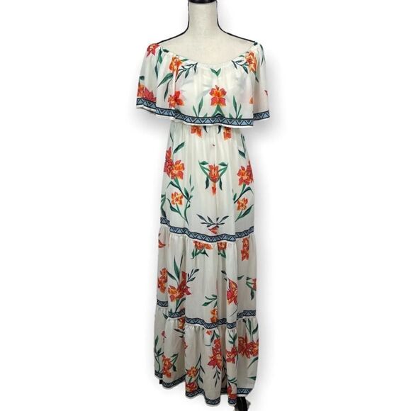 Lulus Cancun Cutie Ivory Floral Print Off-the-Shoulder Maxi Dress Sz M Vacation - Picture 4 of 8